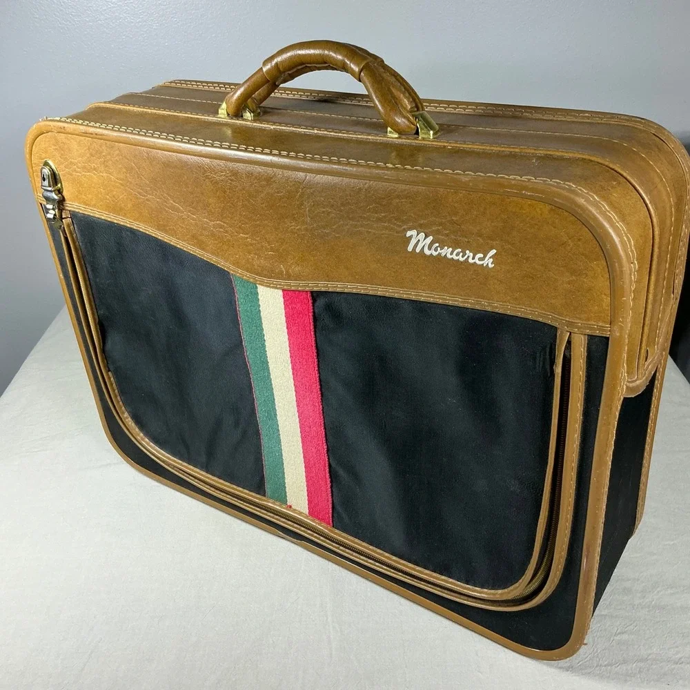 Vintage Monarch Suitcase Black Tan Stripe Damask Lined Retro Luggage Carry On
